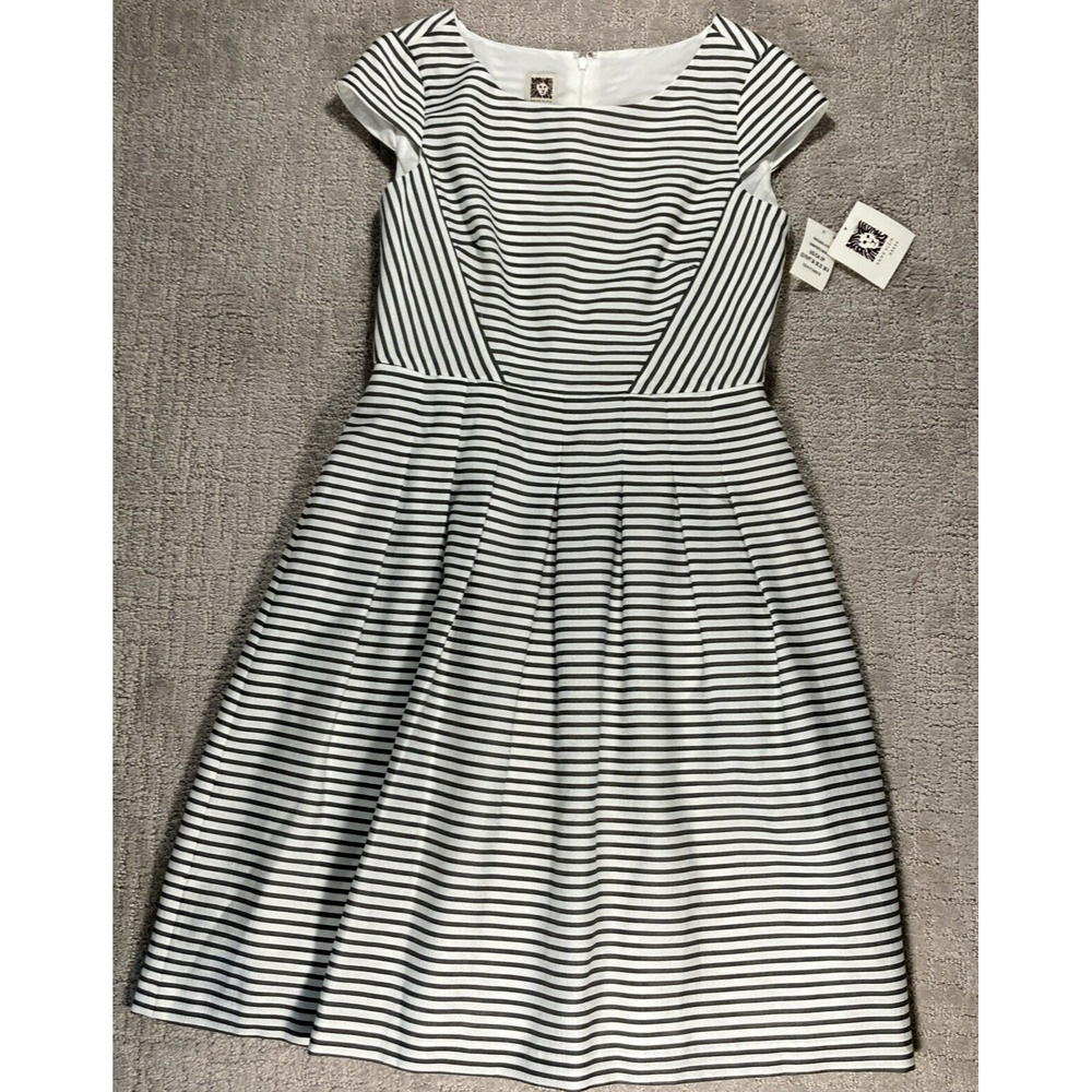 ANNE KLIEN  CAP SLEEVE WHITE/GRAY STRIPE SUMMER DRESS KNEE LENGTH- SIZE 2P
